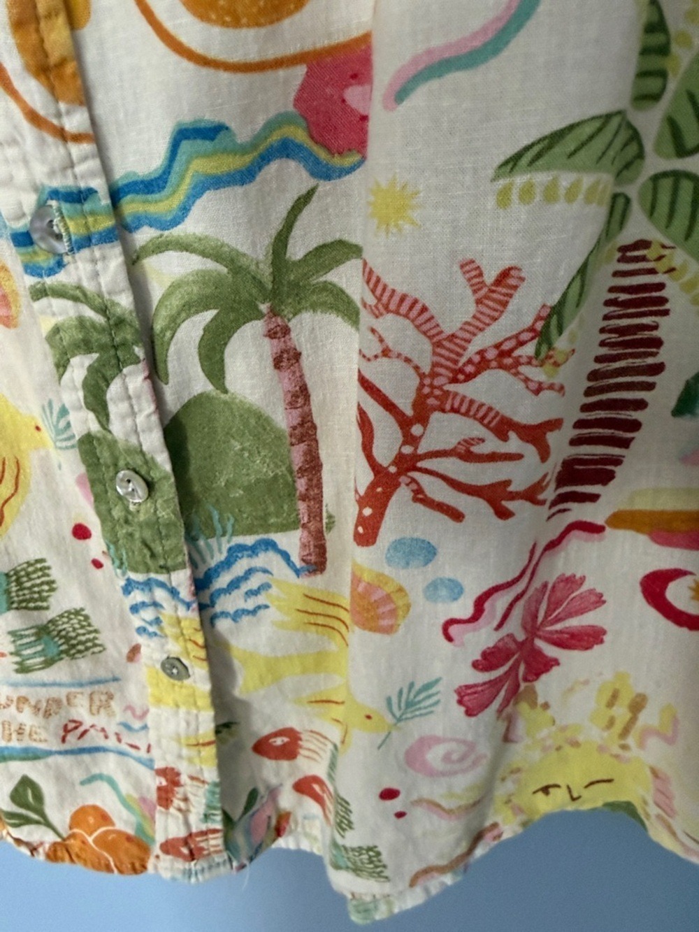 Calypso St. Barth L tropical Print Button-Up Shirt Palm Fruit Floral 3/4 Sleeve - Picture 4 of 7